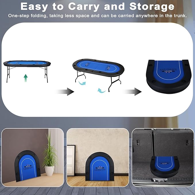 Upgraded 8 Player Poker Table with Plastic Cup Holder, Foldable Texas Hold'em Table, Portable Casino Table with Padded Rails, Blue Felt Surface, for Blackjack Card Game