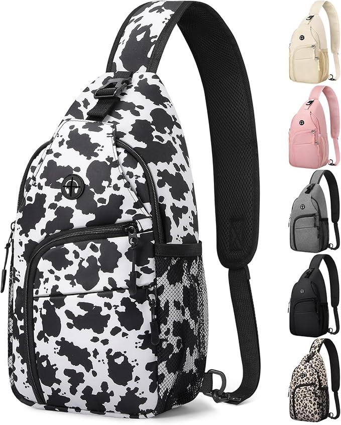 Medium Crossbody Bags for Women Man Waterproof Sling Bag Backpack with Convertible Shoulder Strap Chest Bag for Camping Hiking Travel Essentials (Cow Print)