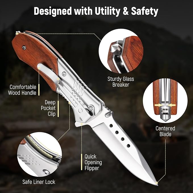 Pocket Knife for Men - 2.98" Sharp Blade Wood Handle Pocket Folding Knives with Clip, Glass Breaker - Small EDC Knives for Survival Camping Hunting Fishing Hiking Women, Silver