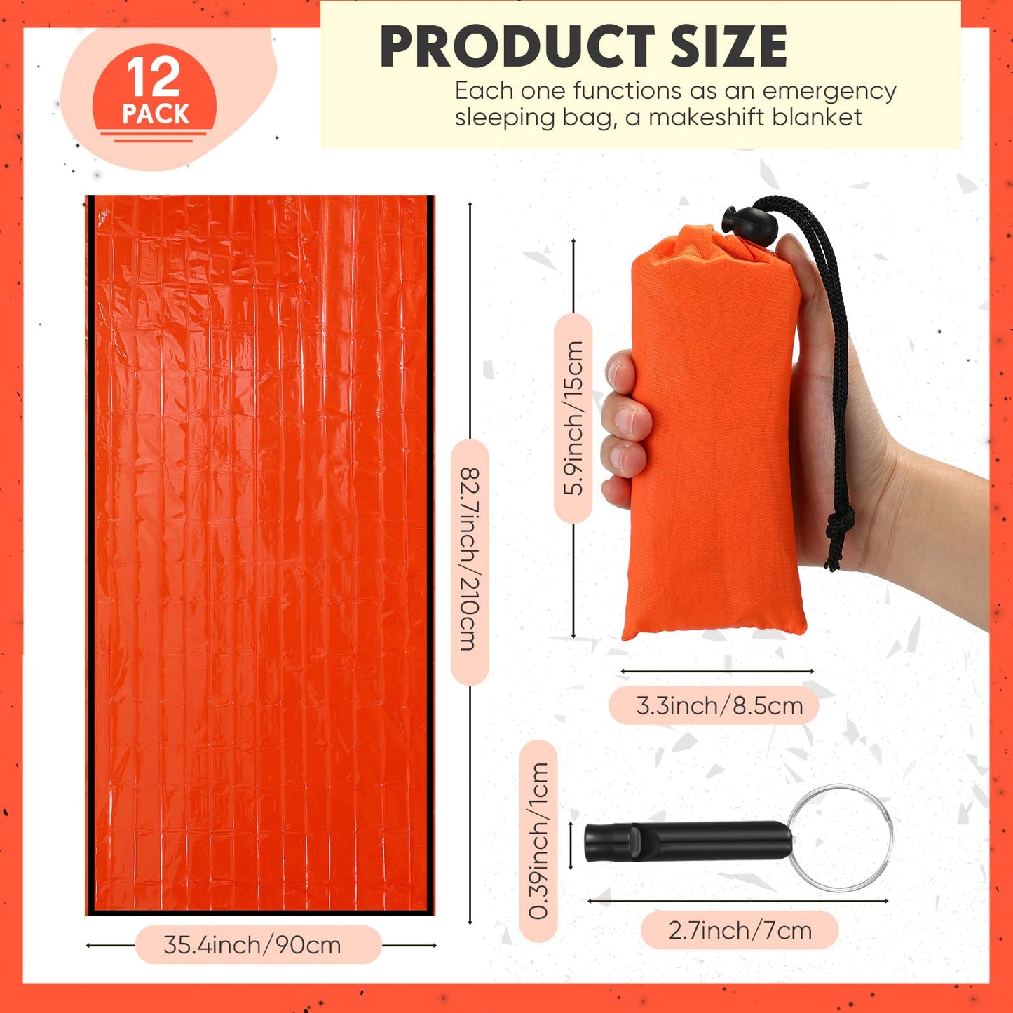 Qunclay 12 Set Emergency Sleeping Bag Survival Bivvy Sack Blanket with Whistles Lightweight