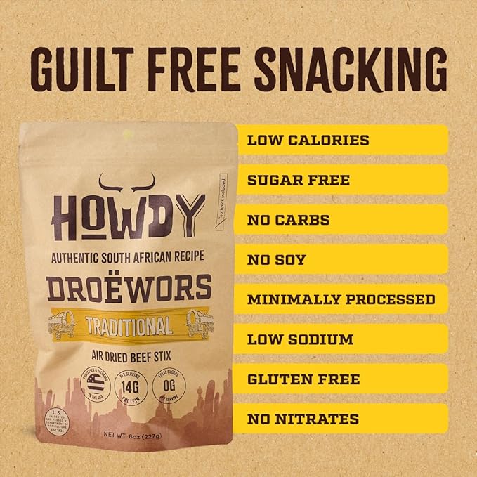 Howdysnax Handcraft Authentic Small Batch Droëwors Beef Sticks Sugar Free, Soy Free, Paleo & Keto Friendly Snack (Four 8oz Packs)