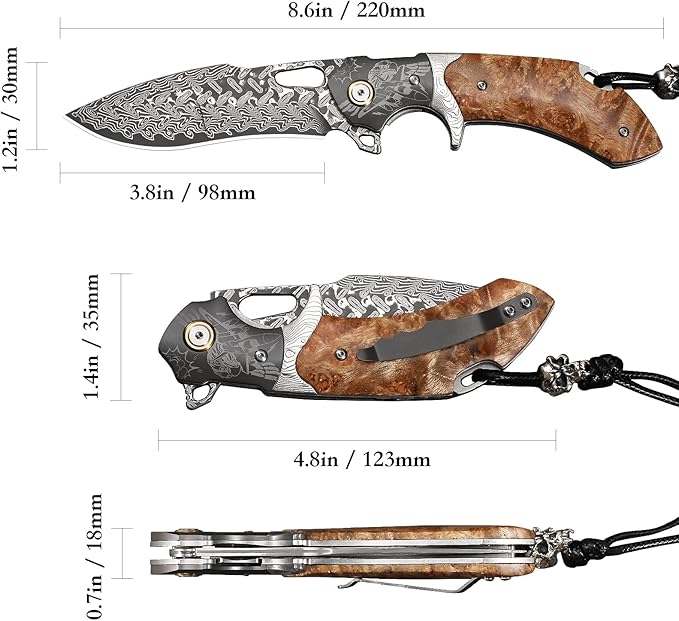 Damascus Steel Folding Pocket Knifeï¼?.6in Men's EDC knife，With leather sheath，pocket clip，Liner Lock，Fighter Pattern，Tree Tumor Shadow Wood Handle，For outdoor hunting Fishing camping knife