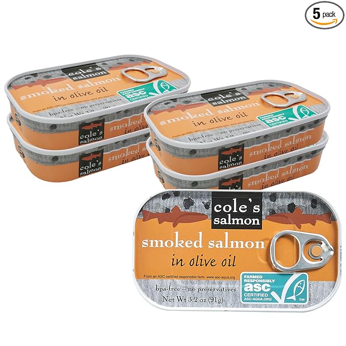 COLE'S SEAFOOD - Hand Packed Smoked Salmon in Olive Oil, Preservative Free Seafood, Canned Fish, High in Protein and Omegas, 3.2 oz Can | Pack of 5