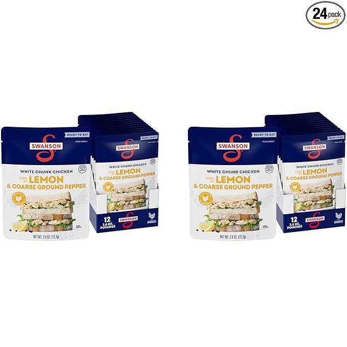 Swanson Lemon and Coarse Ground Pepper White Chunk Fully Cooked Chicken, Ready to Eat, Simple On-the-Go Meals, 2.6 oz Pouch (Pack of 24)