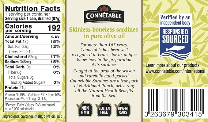 Sardines | Connetable | Sardines in Pure Olive Oil | Skinless Boneless | 4.375 Ounce | Pack of 12