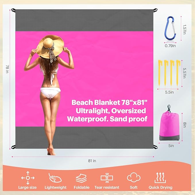 EASYFUN Beach Blanket Sandproof Oversized, 79''×83'' Extra Large Beach Mat, Portable Picnic Mat for Travel Camping Hiking, Lightweight Beach Essentials Family Water Resistant Mat Nylon 210T