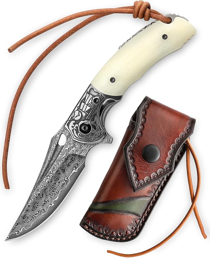 Pocket EDC Knife for Men, Folding Knife with Clipï¼?3.15" Damascus Steel Blade，OX Bone Handle, Leather Sheath for Camping Hiking knife，Puppis-02W