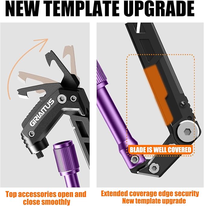 Carabiner Multitool with Pocket Knives, EDC Carabiners, Serrated Knife, Rope Cutter, Screwdriver, Can Bottle Opener, Ruler, Folding Knife for Camping Hiking, Gifts for Men (Purple)