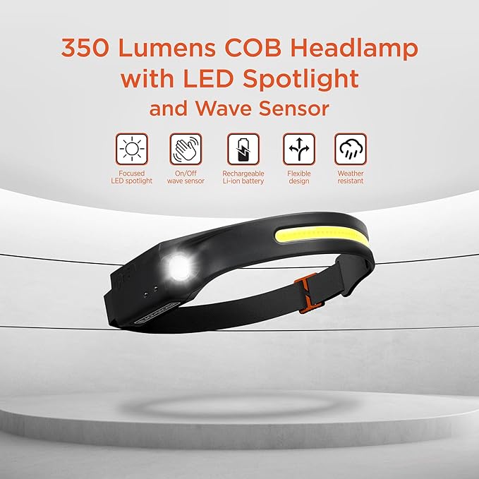 BLACK+DECKER Rechargeable Headlamp with Flashlight & Wave Sensor 2-Pack, 350 Lumens LED 230° Beam Head Light, IP65 Waterproof, 4 Brightness Settings, SOS Mode, Fits Over Helmets, Head Lamp for Camping