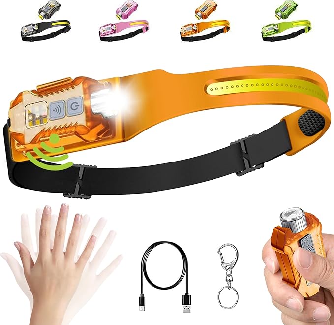 2-in-1 LED Headlamp Rechargeable, Sensing COB Headlamp Flashlight, IP65 Waterproof Magnetic 9 Modes Head Light for Adults Night Running Camping, Fishing, Hiking, Repair and Gift (Orange)