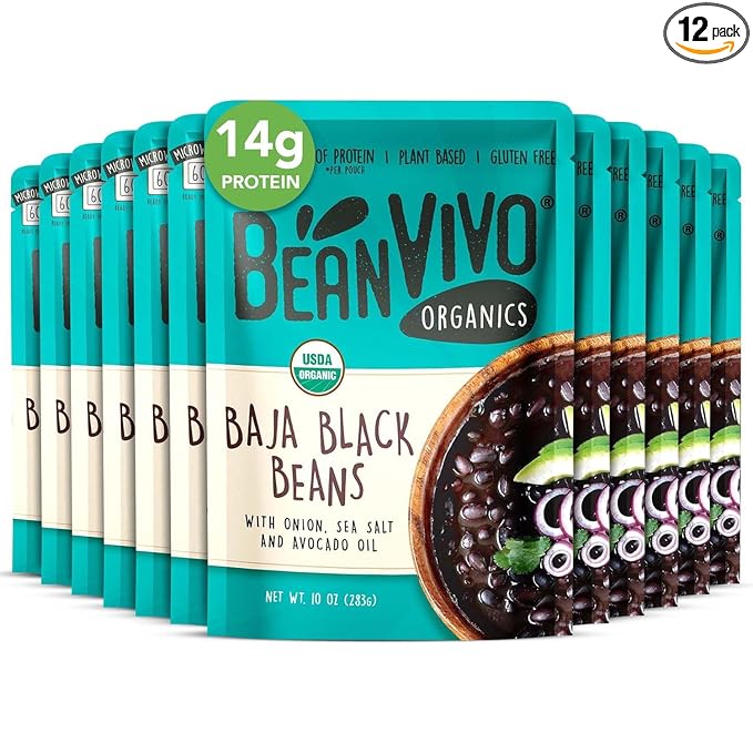 BeanVIVO (Pack of 12) Organics 14g Plant based Protein Baja Black Beans - Good Source of Fiber - Nutritious & Microwave Meals - Gluten-Free Plant Food - 10 oz
