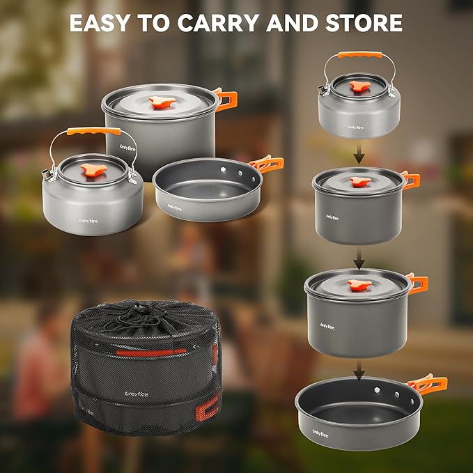 Onlyfire 14pcs Camping Cookware Mess Kit, Non-Stick Lightweight Pot Pan Kettle Set with Plates Forks Knives Spoons for Camping, Backpacking, Outdoor Cooking and Picnic CT604