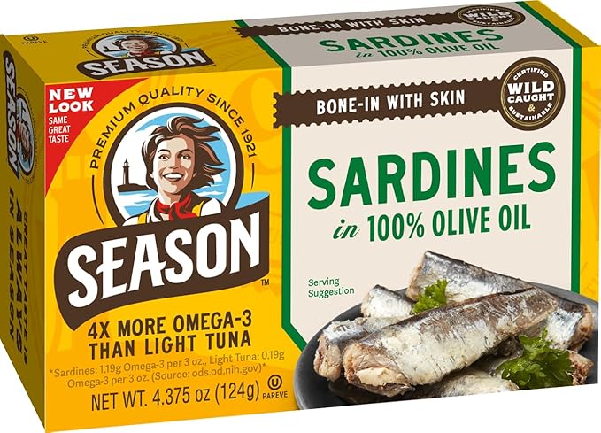 Season Sardines in Olive Oil - Wild Caught, 22g of Protein, Keto Snacks, More Omega 3's Than Tuna, Kosher, High in Calcium, Canned Sardines - 4.37 Oz Tins, 24-Pack