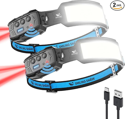 Smiling Shark Headlamp, 2 Pack Head Lamps Led Rechargeable 6 Modes 7*White Lights 270° Lighting Width Motion Sensor Red Tail Light for Camping Fishing Repairation, LED-Headlamp-Rechargeable-Light