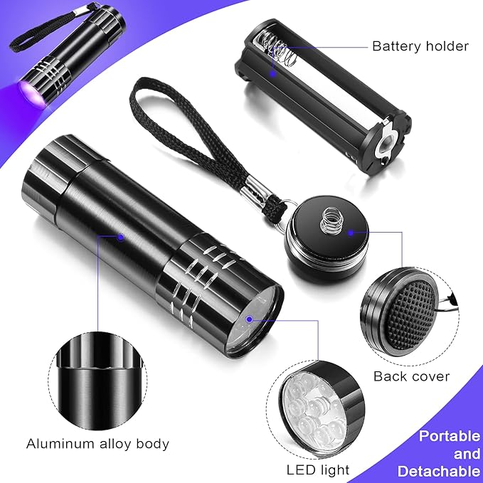 Riakrum 12 Pieces UV Blacklight Flashlights LED Handheld Mini Light Flashlight Small Portable Detector 395nm 9 LED Light for Pet, Carpet Dry Stains Detection, Spot Scorpions, Resin Curing(Black)