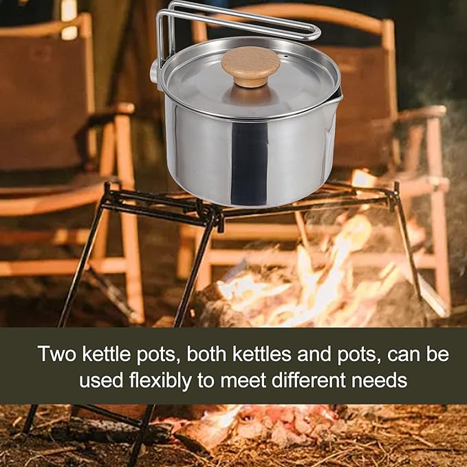 Stainless Steel Camping Kettle, Portable 1L Camping Pot with Removable Handle, Ideal for Outdoor Activities, Hiking, and Picnics