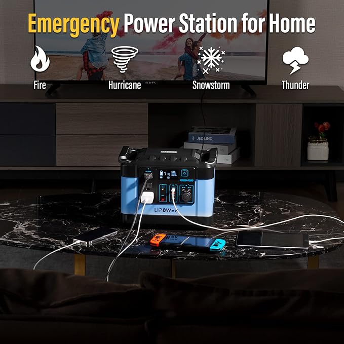 Lipower Solar Generator, 1120Wh Power Station 3 * 1000W AC Outlets(2000W peak), 60W USB-C Output, Generator for Camping, CPAP, Home BackupBlue+1 Solar Panel