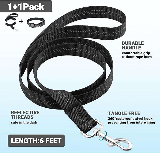 AirTag Dog Collar and Leash, IP68 Waterproof Integrated with Reflective, Ultra-Durable, Comfortable Padded, Heavy Duty Dog Collars for Small Medium Large Dogs, M (12.6"-17.1"), Black
