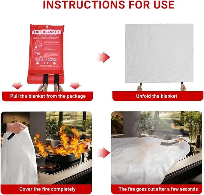 Heavy-Duty Emergency Fire Blanket, 1 Pack ??Fireproof Fiberglass Blanket for Kitchen, Home, Grill, Fireplace, Camping, Heat Shield, Grease Fires, Emergency Fire Suppression
