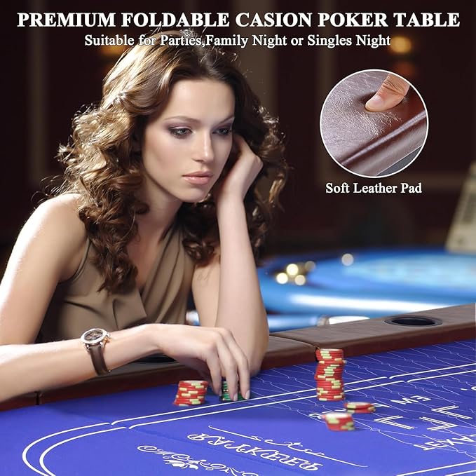 Foldable Poker Table for 10 Players, 84" Folding Blackjack Texas Holdem Table, Portable Casino Leisure Card Board Game Table with Cup Holders and Padded Rails for Game Room (Brown)