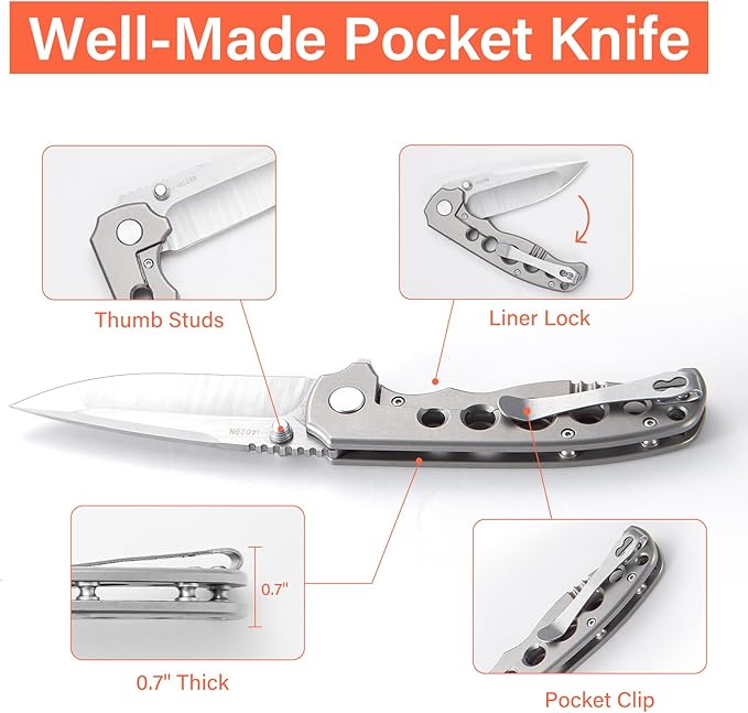 Men's Folding Pocket Knife – 3.4" Sandvik 14C28N Blade CNC Titanium Handle Ceramic Bearings, Liner Lock Deep Pocket Clip – EDC Knife for Outdoor Hiking, Survival Use