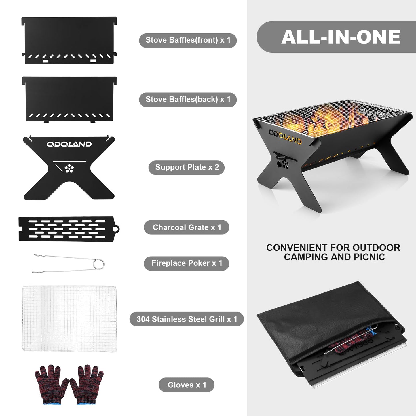 Odoland Portable Folding Charcoal Grills for Outdoor Cooking Bonfire BBQ