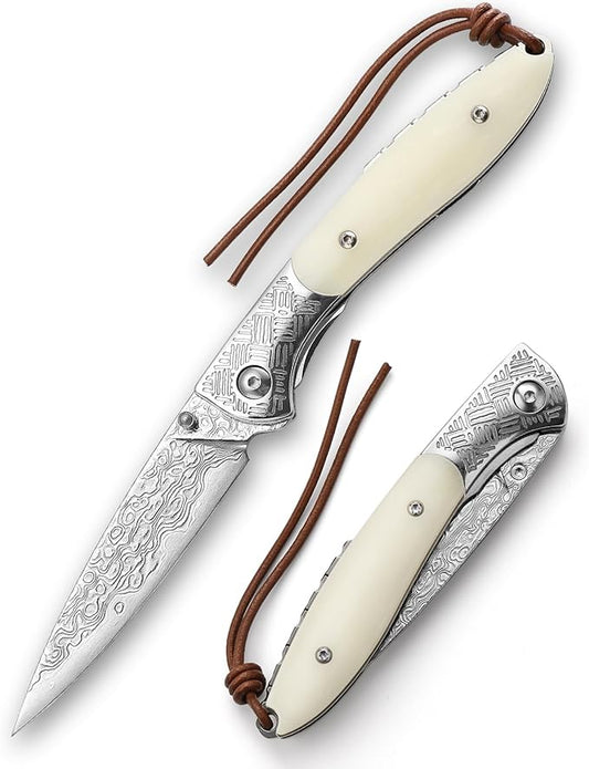 Handmade Damascus Folding Pocket Knife，Thumb Stud,3.15" Polished Blade & Steel Bolster, Liner Lock, White Bone Handle,Ceramic Bearings，EDC Knives Gift for Men.Piscis Austrinus-02W
