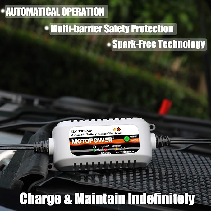 MOTOPOWER MP00205B 12V 1000mA Automatic Battery Charger, Battery Maintainer, Trickle Charger, and Battery Desulfator with Timer Protection - Grey