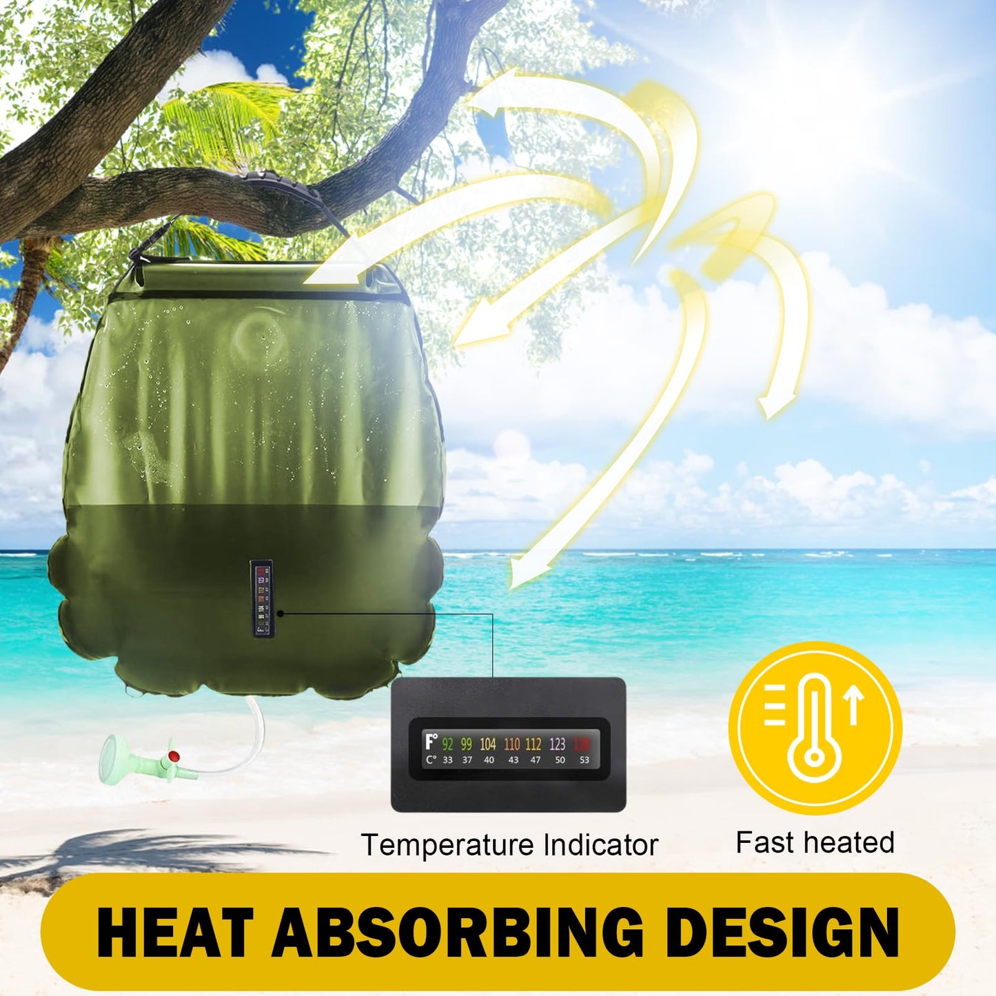 KIPIDA Solar Shower Bag | 5 Gal/20L Solar Heating Camping Shower Bag | Removable Hose | On-Off