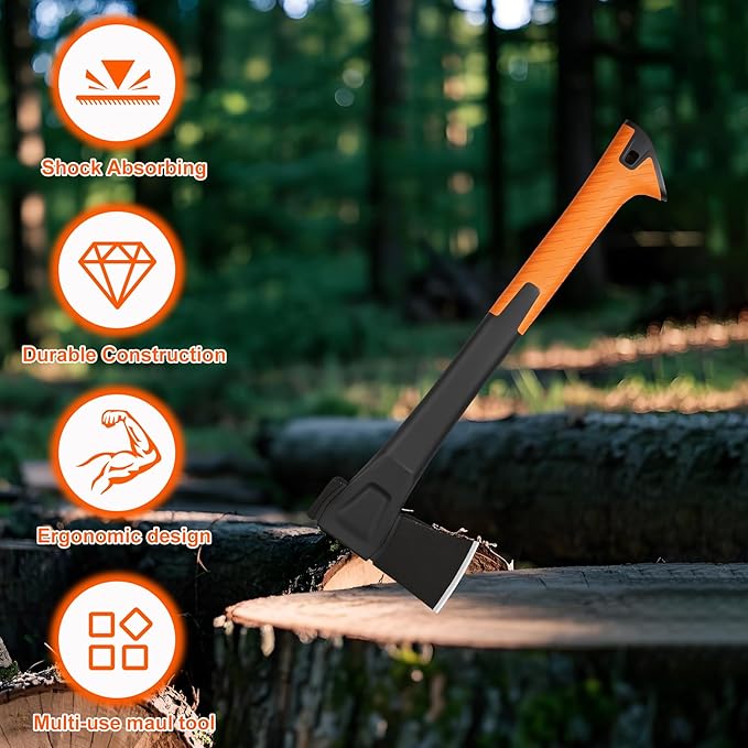 X18 Hatchet Axe, 18” Camping Axe for Wood Splitting & Kindling with Nylon Hollow Handle, Anti-Slip Shock Absorption Grip for Outdoor Survival, Firewood, Hiking & Yard Tools