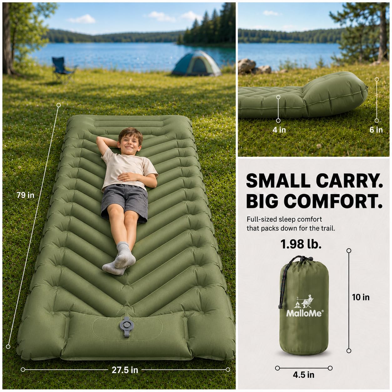 MalloMe Sleeping Pad for Camping, Camping Mattress - Bed for Outdoors Built-in Foot Pump Air