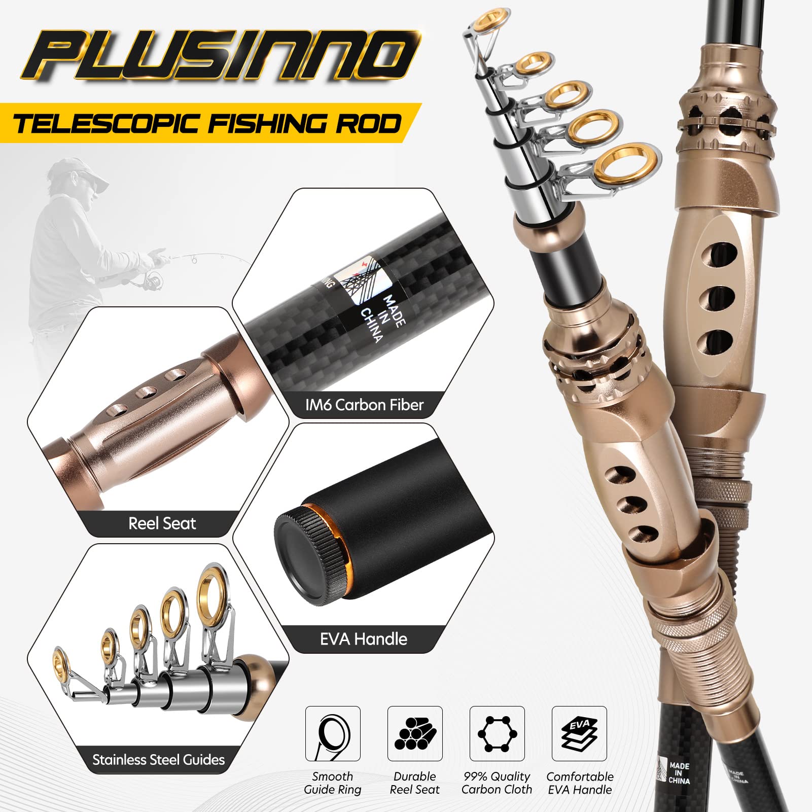 PLUSINNO Fishing Rod and Reel Combos Carbon Fiber Telescopic Fishing Rod with Reel Combo Sea