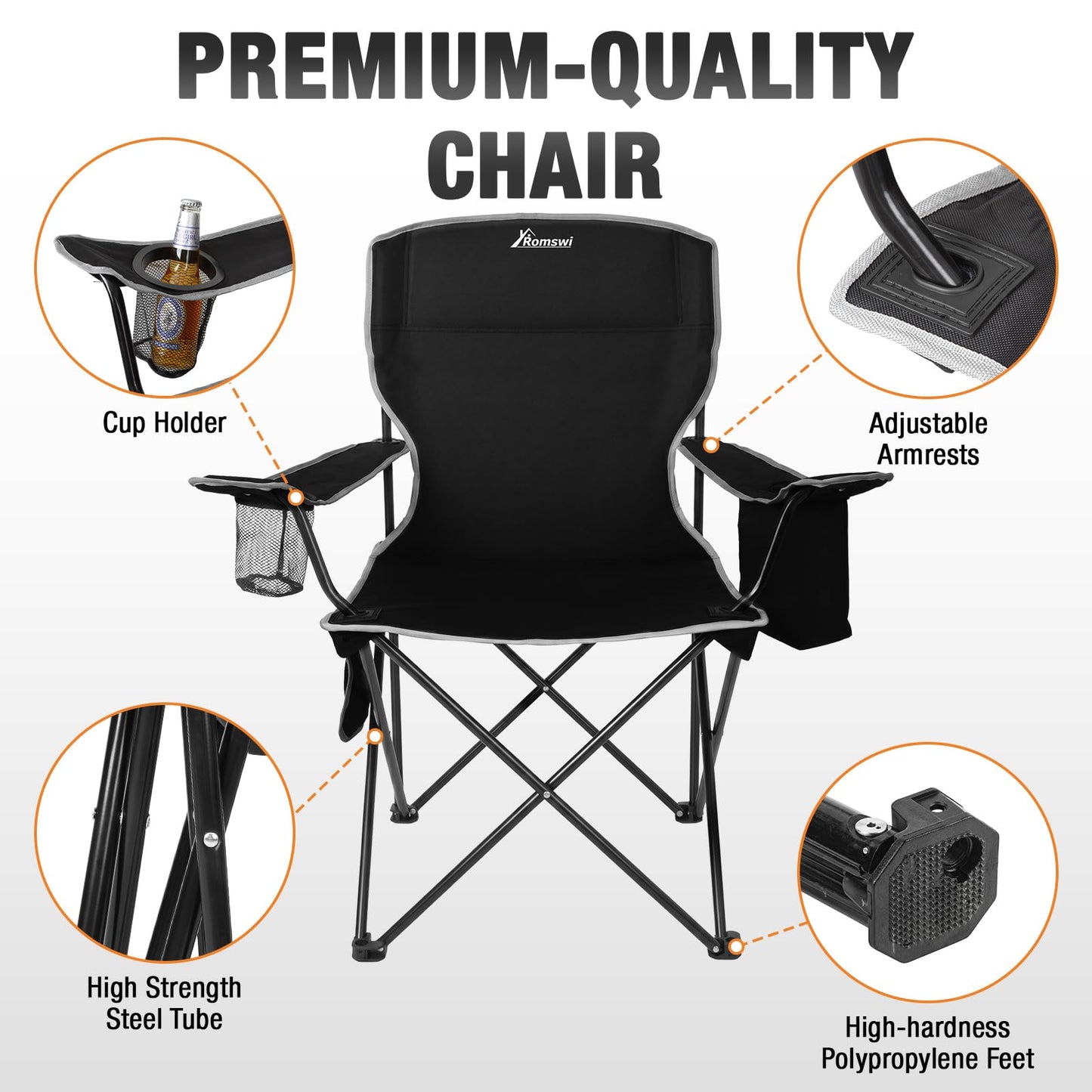 Romswi Lightweight 2Pcs Camping Chairs for Adults, Folding Lawn Chair with 4-Can Cooler Bag, Cup