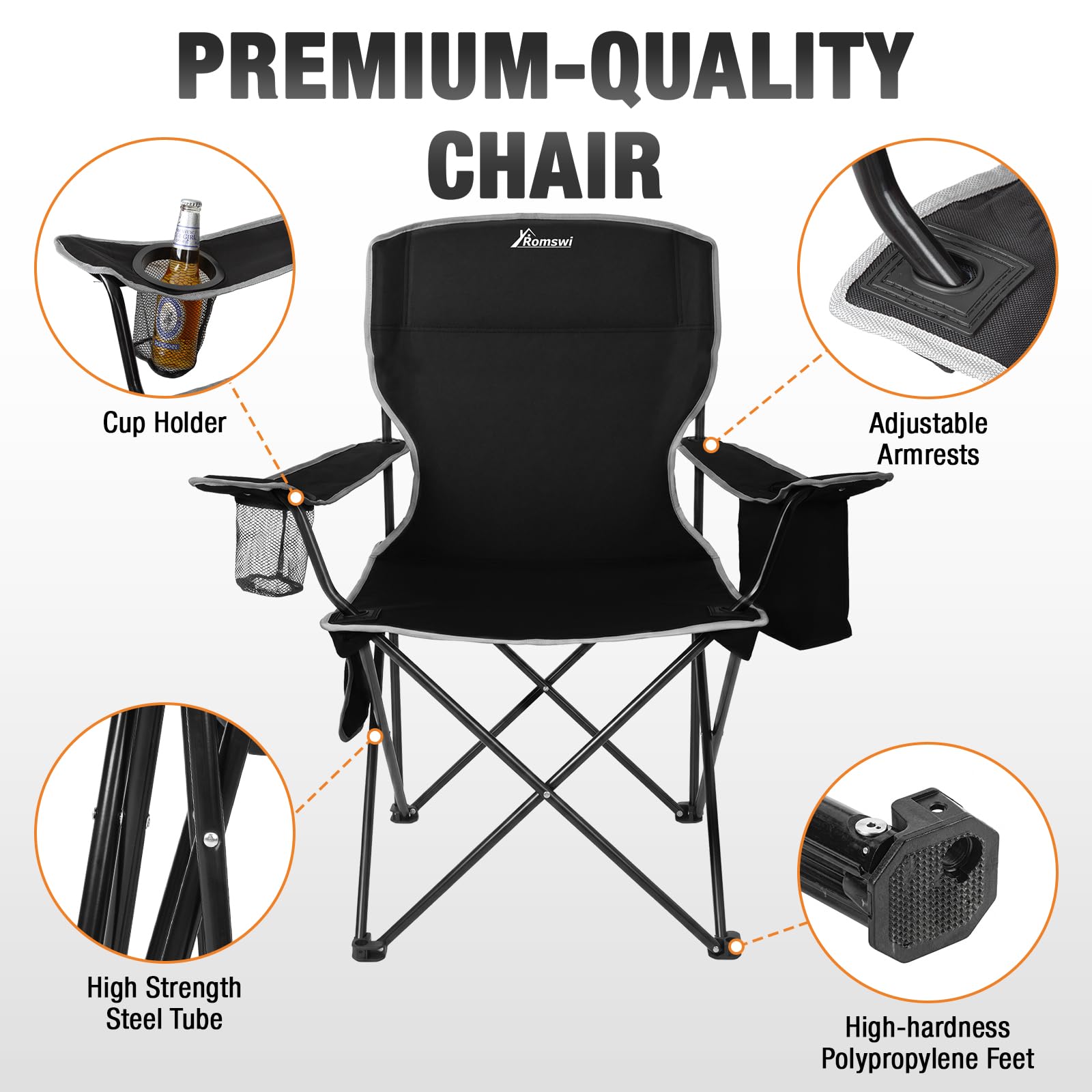 Romswi Lightweight 2Pcs Camping Chairs for Adults, Folding Lawn Chair with 4-Can Cooler Bag, Cup