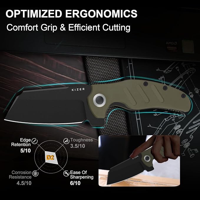 Kizer C01C XL Sheepdog Pocket Knife, 3.9" D2 Sheepsfoot Blade EDC Folding Knife with Green G10 Handle, Liner Lock, Flipper, and Pocket Clip, Camping Survival Knives for Men Women, V5488M1