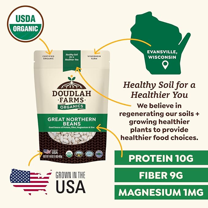 Organic Great Northern Beans 1lb Bulk by Doudlah Farms - Farmed From Regenerative Soil - Tested Clean Certified - Vegan, Non-GMO, Grown In USA - Fiber & Protein for Soups, Burritos, Salads, and Chili