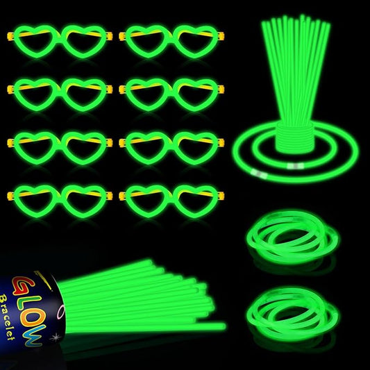 60 Pack 8??Green Glow Sticks Bulk Bright Glow Sticks with 60 Connectors 20 Heart Glasses Glow In The Dark Party Supplies Neon Party Decorations Glow Bracelet Glasses for Carnival (Green)