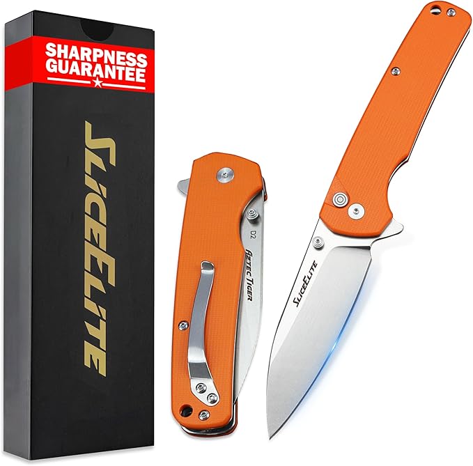 SliceElite 3.6-Inch Aztec Tiger Folding Knife | Pocket Knife with Orange G10 Composite Handle, D2 Steel Drop Point Blade & Stainless Steel Pocket Clip | EDC Gear Knife with Button Lock for Outdoor Use