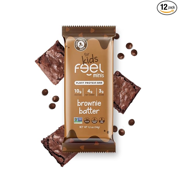 Feel Bar Minis ??Kids Protein Bars | Brownie Batter ??12 Pack | 10g Plant Protein | 100 Calories | No Added Sugar | + Daily Veggies | Gluten Free, No Nuts, No Soy, No Dairy, No Grains