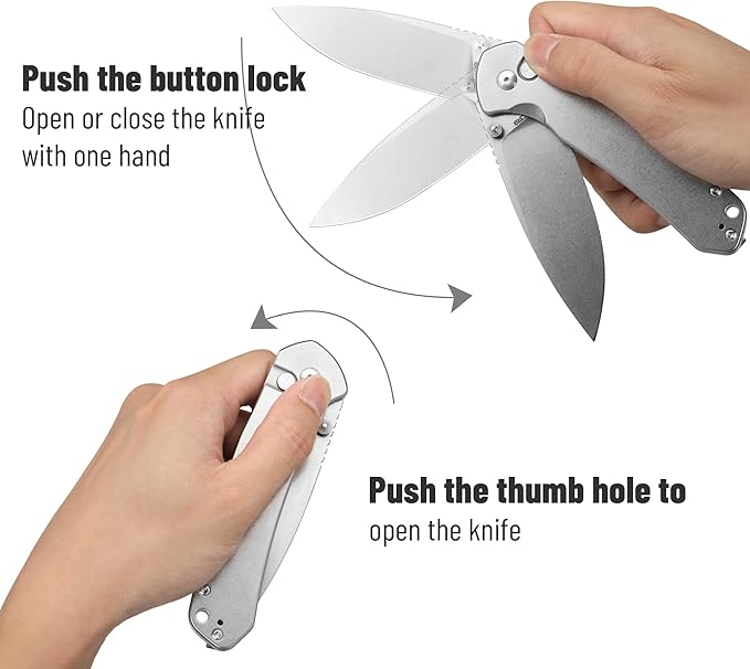 CJRB CUTLERY Pocket Knife Pyrite (J1925L) Button Lock EDC Large Foldable Knife AR-RPM9 Steel Blade and Stainless Steel Handle Silver Outdoor for Women Men for Gifts