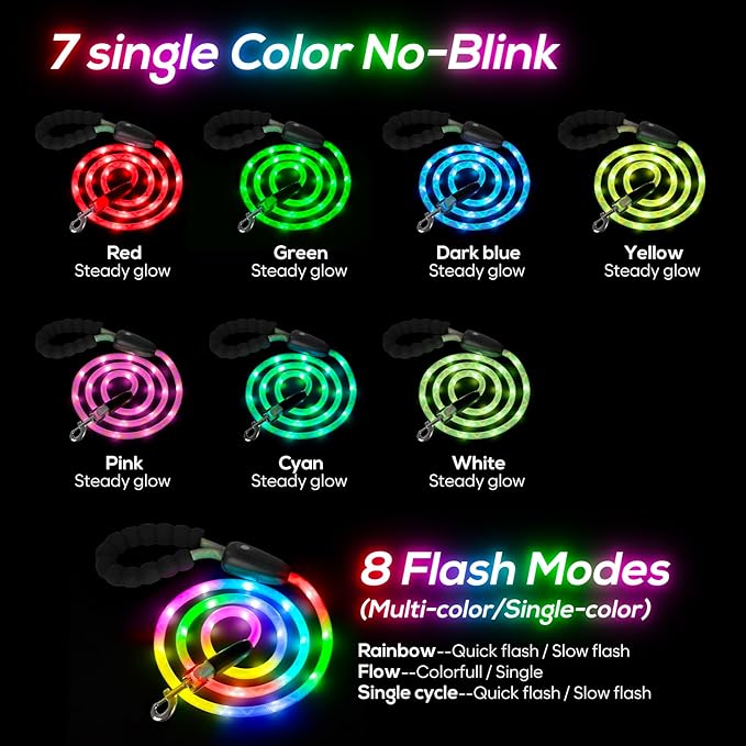 Colaseeme Light Up Dog Leash, LED Pet Leashes USB Rechargeable, Glow Safety Dogs Lights at Night (6FT,Multi-Color)