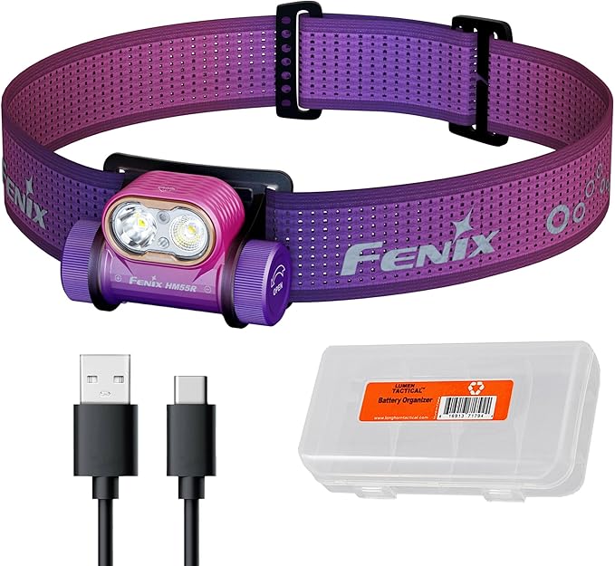 Fenix HM55R Rechargeable Headlamp, 1200 Lumen Spotlight Floodlight & Red Light, Lightweight, Long Runtime, USB-C Charging, Waterproof for Camping, Hiking, Running with Lumentac Organizer (Nebular)