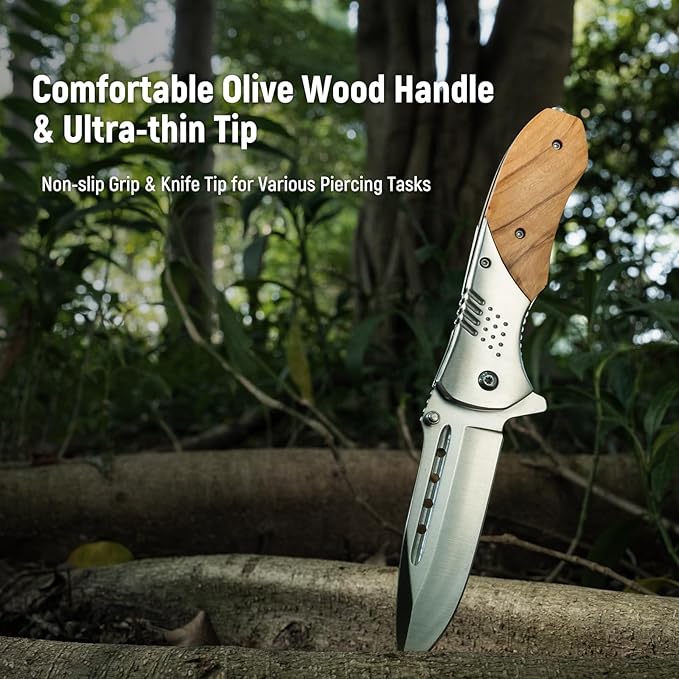 Folding Pocket Knife - 3.46" Sharp Blade Olive Wood Handle Pocket Knives with Clip, Glass Breaker - EDC Knife for Dad Women Tactical Hunting Survival Camping Fishing Hiking - Sliver