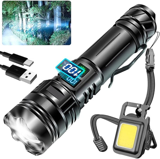 Flashlights High Lumens LED Rechargeable, 2000LM Poweful Tactical Flashlights, Super Bright Flash Light Waterproof with 5 Modes & LCD Display, COB Work Light for Camping Hiking Emergencies