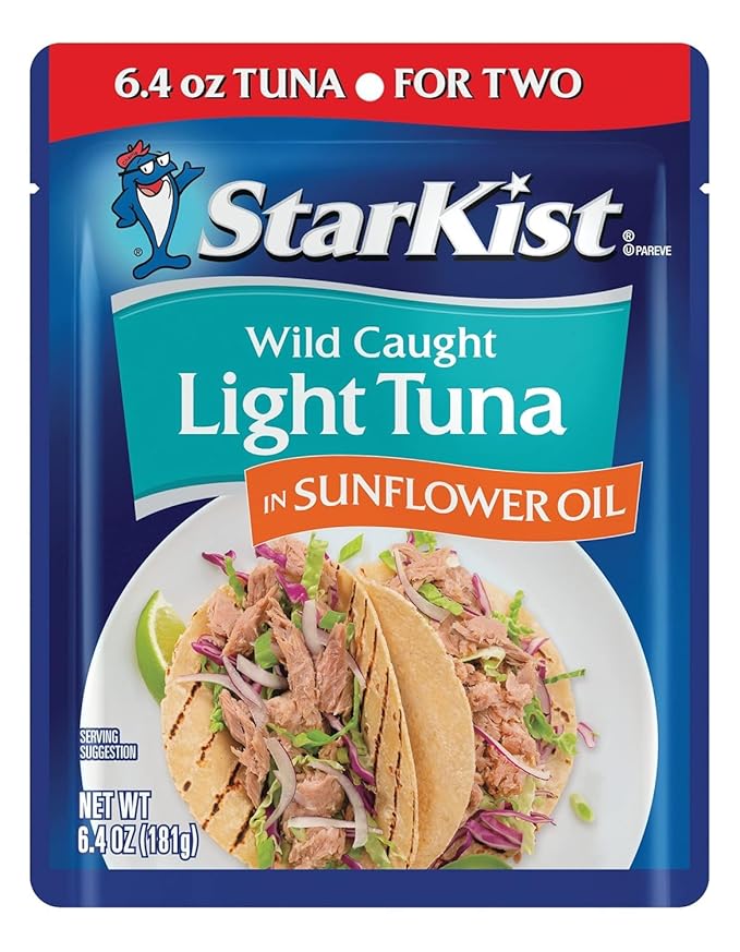 StarKist Chunk Light Tuna in Sunflower Oil, 6.4 oz Pouch (12 Pack) Ready to Eat Wild Caught Tuna, 19g Protein Per Serving, Gluten Free, Soy Free, Kosher, Perfect for Salads, Keto Meals and Snacks