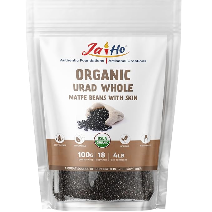 Jai Ho Certified Organic Kabuli Chana Garbanzo Beans 4 lb | Chickpeas Lentils | Indian Kabuli Chole Chana | USDA Organic | Non-GMO | Chemical-Free | Premium Quality Kosher (4 Pound, Urad Whole (With Skin))