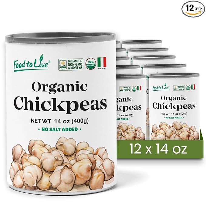 Food to Live Organic Canned Chickpeas, 14 oz (Pack of 12) - Unsalted Non-GMO Garbanzo Beans. Vegan. USDA Certified Organic. Good Source of Fiber and Protein. Wholesale. Made in Italy