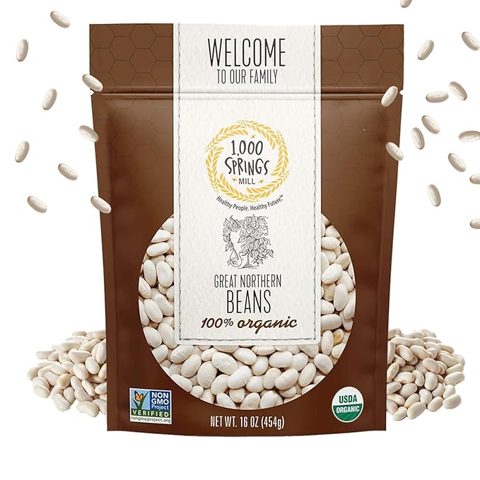 1000 SPRINGS MILL - Organic Great Northern Beans - Used for Salads, Soups, Stews, Casseroles, Chili, and Snacks - Bulk Dry White Beans - Resealable Bag - Vegan Friendly - 16oz (Pack of 1)
