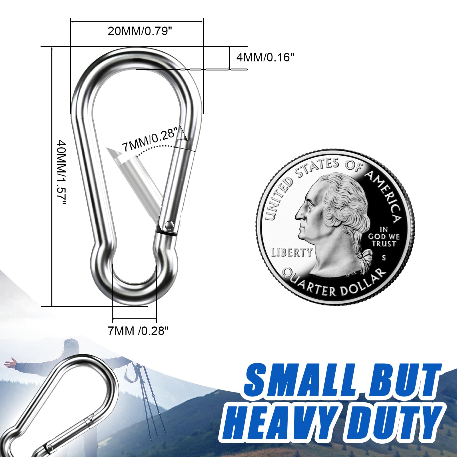 Small Carabiner Clip Hooks, 10pcs 1.57 inch Carabiners Heavy Duty, 304 Stainless Steel Spring Snap