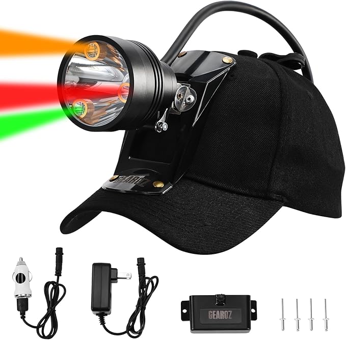 10W Coon Hunting Lights Headlamp for Coyotes Hog Predators, Rechargeable & IPX5 Waterproof, 6 Lighting Modes, 600 Lumens Bright 4-Color LED (White Red Green Amber) with Black Hunting Hat